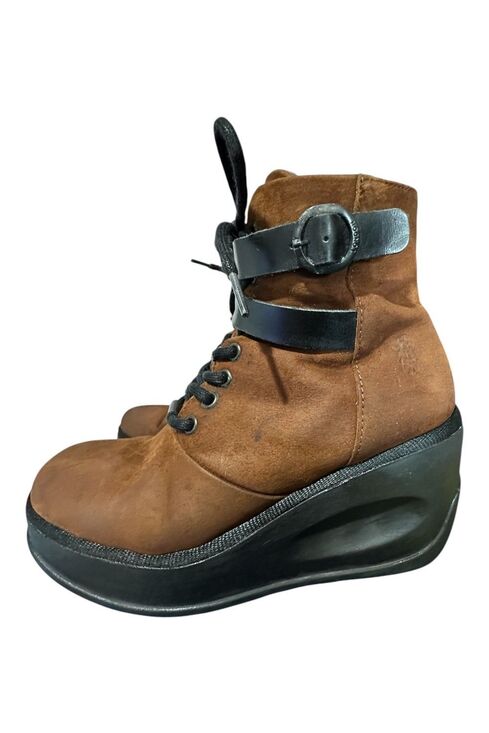 FLY London Shoes - Fly London JABI070Fly Brown Leather Wedge Boots Side Zip EUR 38 US 7.5 Buckle